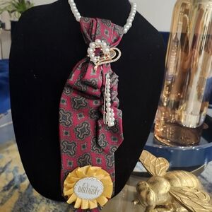 Pearl Accent Red Patterned Pendant Necklace by